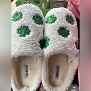 Cozy White and Green Shamrock Slippers